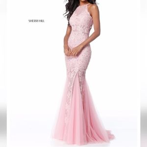 Sherri hill pink gold lace mermaid pageant prom dress